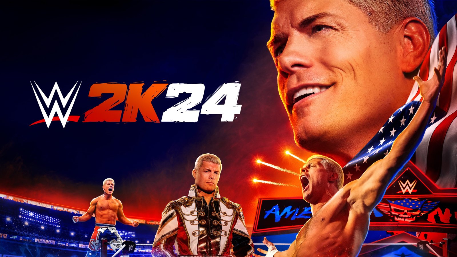 Image from WWE 2K24 showing famous wrestlers like Roman Reigns, John Cena, and Stone Cold Steve Austin in action-packed wrestling matches.