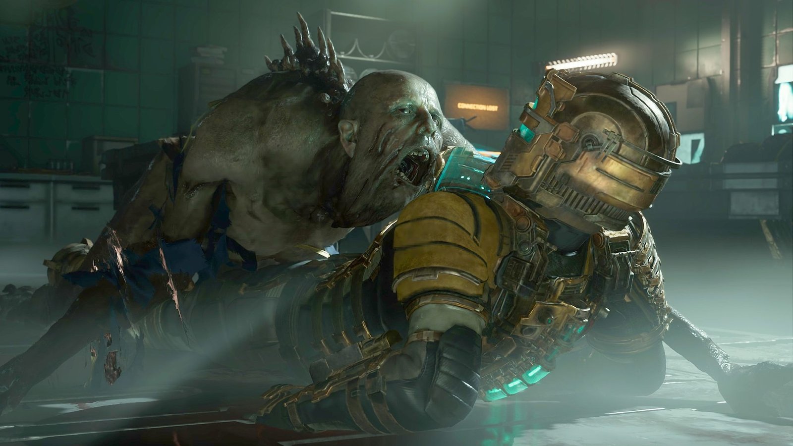 Screenshot of Isaac Clarke battling Necromorphs in the Dead Space Remake for PS5, set aboard the USG Ishimura.