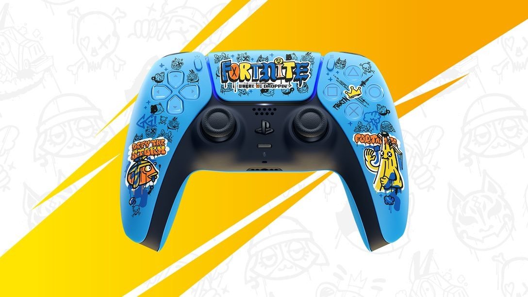 Image of the Fortnite Limited Edition DualSense Controller featuring Fishstick and Peely characters.