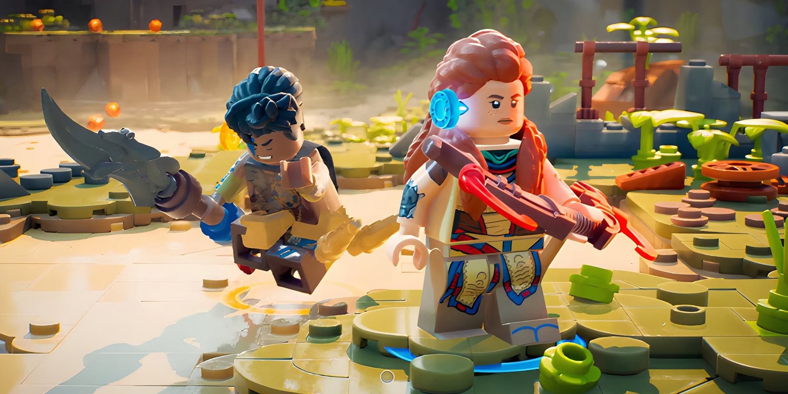 LEGO Horizon Adventures image showing a LEGO-built version of the Horizon game world with iconic mechanical creatures.
